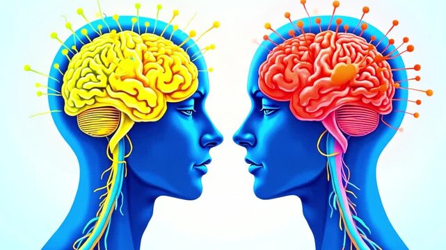 A video showcasing a creative illustration of two human heads with colorful brains, where the colors inside the brains are dynamically moving, and the background colors are also in motion.