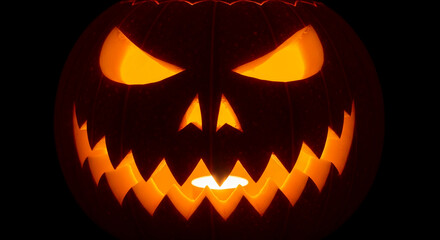 Fototapeta premium Lit jack-o'-lantern face, orange carved pumpkin, dark background, Halloween symbol, spooky, scary, autumn, festive