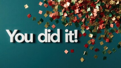 You Did It text with colorful confetti on a teal background, celebrating success and achievement.
