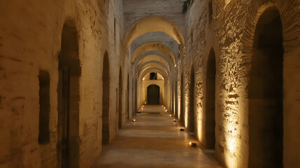 Fototapeta premium unanimity. A narrow stone corridor with arched niches lit by flickering candles, deep perspective. real-estate listings.