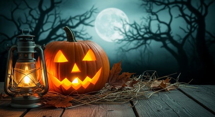 Lit jack-o'-lantern and lantern on rustic wood, with autumn leaves and hay, set against a spooky Halloween background of trees and moon