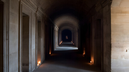 Fototapeta premium unanimity. A narrow stone corridor with arched niches lit by flickering candles, deep perspective. real-estate listings.