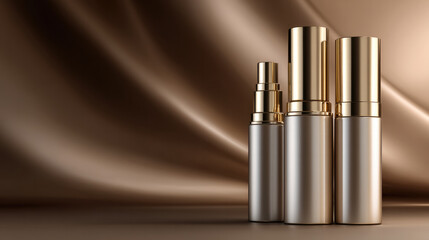 Three elegant facial cream bottles with gold caps stand on silky brown background, luxury skincare packaging for beauty and cosmetic products