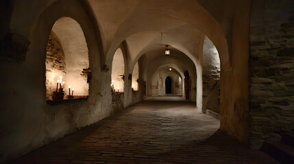 Fototapeta premium unanimity. A narrow stone corridor with arched niches lit by flickering candles, deep perspective. real-estate listings.