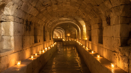 Obraz premium unanimity. A narrow stone corridor with arched niches lit by flickering candles, deep perspective. real-estate listings.