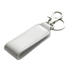 Blank White Leather Keychain with Metal Ring, Isolated Subject Cut-out