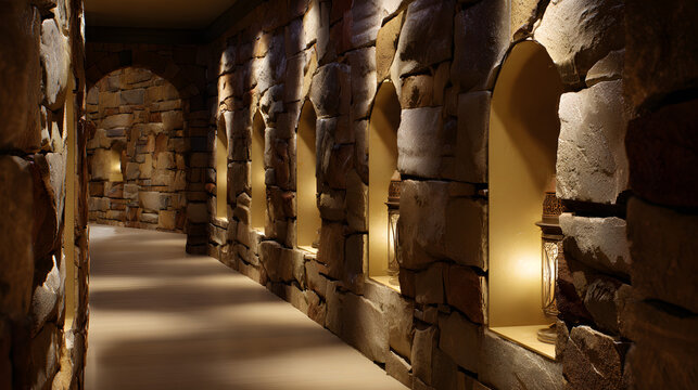 unanimity. A narrow stone corridor with arched niches lit by flickering candles, deep perspective. real-estate listings.