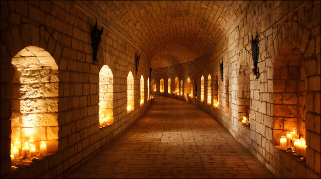 unanimity. A narrow stone corridor with arched niches lit by flickering candles, deep perspective. real-estate listings.