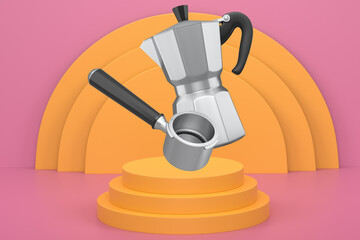Set of moka pot and portafilter with black handles floating above pedestal and abstract minimal abstract background,