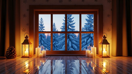 Cozy winter interior with candles and lanterns by window transparent background
