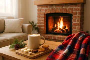 Cozy living room with fireplace hot chocolate and cookies on wooden table transparent background