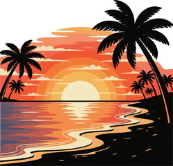 Luxury Tropical Beach Sunset Landscape Vector Illustration On White Background