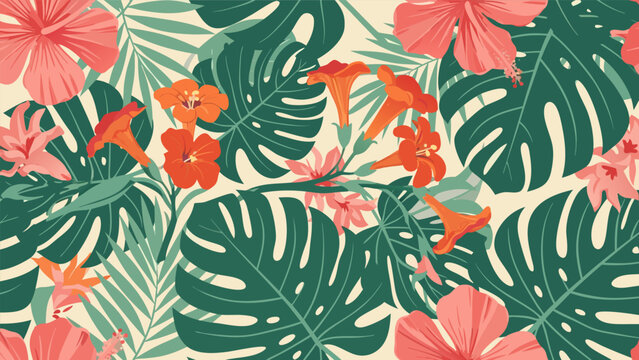 Tropical floral pattern vector illustration, vibrant botanical elements and palm leaves for summer design