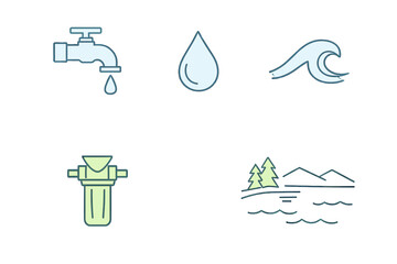A set of five minimalist linear icons dedicated to the theme of water and its conservation: water resource protection, water conservation, water purification, natural water bodies.