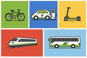 A set of five flat-style icons on colored backgrounds illustrating environmentally friendly, sustainable transport: green transport, eco-mobility, CO₂ reduction, sustainable development in transport.
