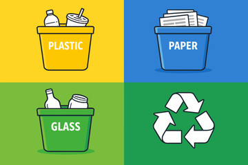 A set of four simple, bright illustrations in flat design style dedicated to the topic of waste sorting and recycling.