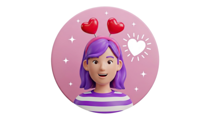 3D Cartoon Girl with Heart Headband and Striped Shirt