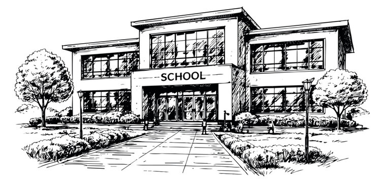 Hand drawn illustration of a school building depicting modern architecture for education concepts