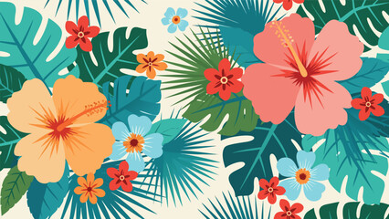 vibrant tropical floral pattern vector illustration with exotic flowers and palm leaves, perfect for summer designs © PDWN Creative