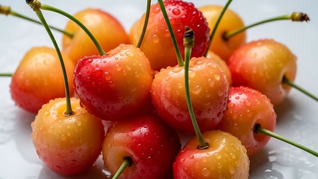 Fresh Rainier Cherries with Water Droplets Close-Up
