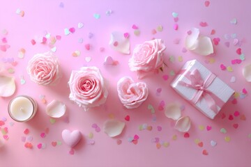 Pink roses, hearts, and gifts for valentine's day