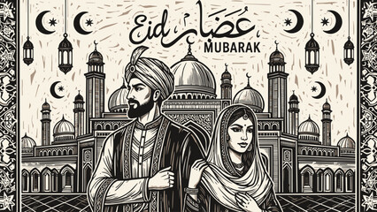 Fototapeta premium Traditional Eid Mubarak Greeting Card with Mosque and Lanterns