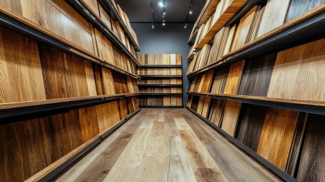 various types of wooden floor coverings including parquet and laminate neatly arranged on the display case in a construction supermarket interior for design and renovation projects