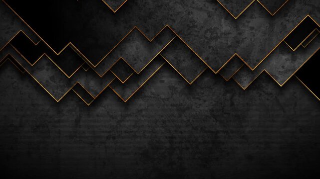 Black grunge geometric abstract background with golden lines. Seamless looping retro wall motion design. Video animation Ultra HD 4K 3840x2160