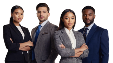 A diverse group of corporate employees engaged in a meeting, an illustration of business team unity. Illustration of a dynamic workforce achieving business success on a transparent background