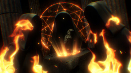 Three Hooded Figures Stood at a Magical Altar