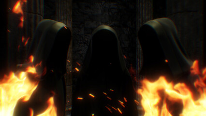 Three Hooded Figures Stood Between Stone Pillars Surrounded By Flames