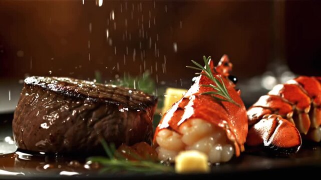 cinematic 4K slow-motion of surf and turf luxury plate, sizzling beef steak lobster tail, glistening juices, fresh herbs, butter melting, gourmet fine dining atmosphere, warm soft cinematic extreme