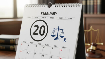 A calendar marking World Justice Day on February 20th in a lawyer's office setting