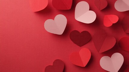 Abstract red background featuring scattered 3D paper hearts in various shades of crimson and blush, creating a romantic pattern for Valentines Day, with ample copy space.