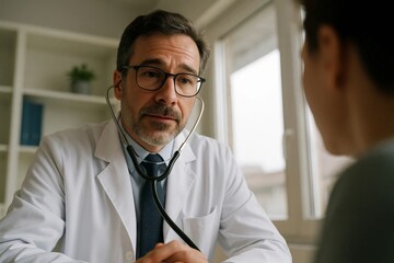 Doctor in white coat with stethoscope listening to patient during consultation in clinic.