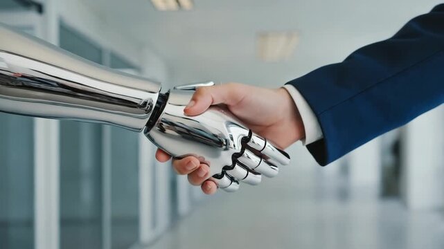 A human hand shakes a robotic hand in a modern office setting. The human is wearing a suit, and the robot has a metallic, shiny finish.