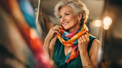 Elegant senior woman smiling while adjusting colorful silk scarf indoors, stylish mature fashion portrait with warm bokeh lights.