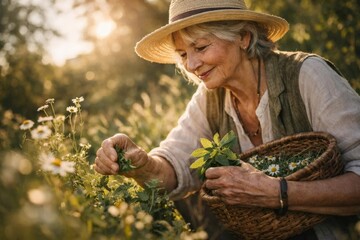 Senior woman foraging fresh herbs and wildflowers with basket in meadow at sunset, natural wellness and countryside life.