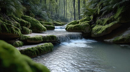 Mossy rock waterfall forest stream tranquil lush nature water green peaceful scene with mossy rocks and gentle waterfall in lush forest