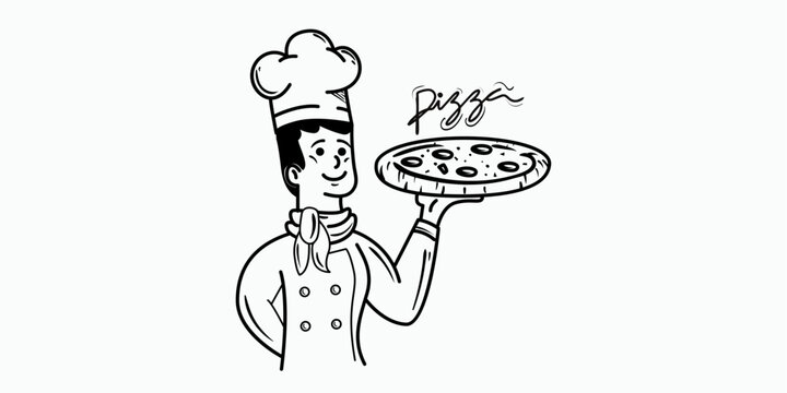 Minimalist Line Art of a Happy Chef Character Holding a Fresh Pizza for Pizzeria Branding