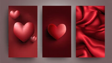 Vertical Love Story Background Set: Three Banners with Red 3D Hearts, Maroon Backdrop, and Flowing Silk Fabric Texture for Valentines Day and Romance