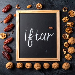 Flat lay of Iftar meal with dates and walnuts arranged around a chalk board with the word Iftar written in white chalk on a dark textured background with natural lighting