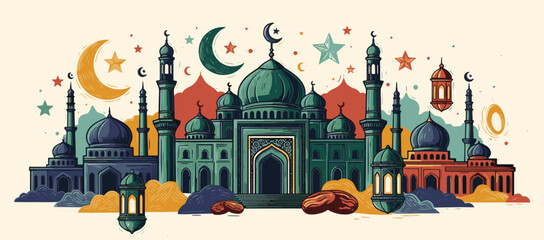 Colorful Islamic mosque illustration with crescent moon and stars © colorshapppy