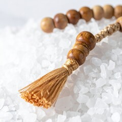 Close Up Of A Wooden Prayer Beads Mala With A Tassel Resting On A Bed Of White Crystals With Soft Natural Lighting