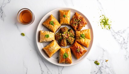 Assortment of Golden Brown Baklava Pastries and Middle Eastern Sweets Arranged on a White Ceramic Plate with Crushed Pistachios and a Small Bowl of Honey on a Marble Surface Top Down View