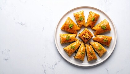 Golden Honey Baklava Pastries Arranged on a White Plate with Chopped Pistachios and a Light Marble Background