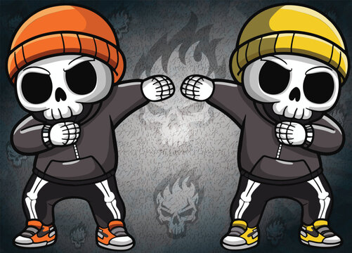 A cute skeleton dressed in a casual hoodie and strikes a dab.