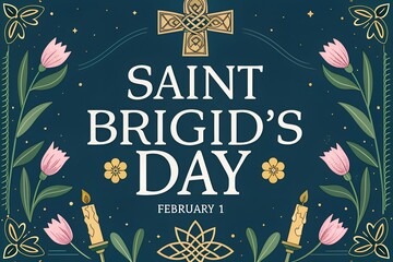 Saint Brigid's Day Celtic Cross Candles Illustration, St Brigid's Day February 1 Floral Greeting Card, Irish Saint Brigid Candles Tulips Celtic Knot Design, Elegant St Brigid's Day Navy Blue Vector Ar
