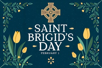 Saint Brigid's Day Celtic Cross Candles Illustration, St Brigid's Day February 1 Floral Greeting Card, Irish Saint Brigid Candles Tulips Celtic Knot Design, Elegant St Brigid's Day Navy Blue Vector Ar