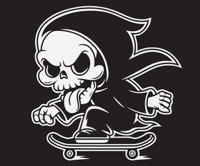 Drawing of the grim reaper riding a skateboard while playfully sticking out its tongue.